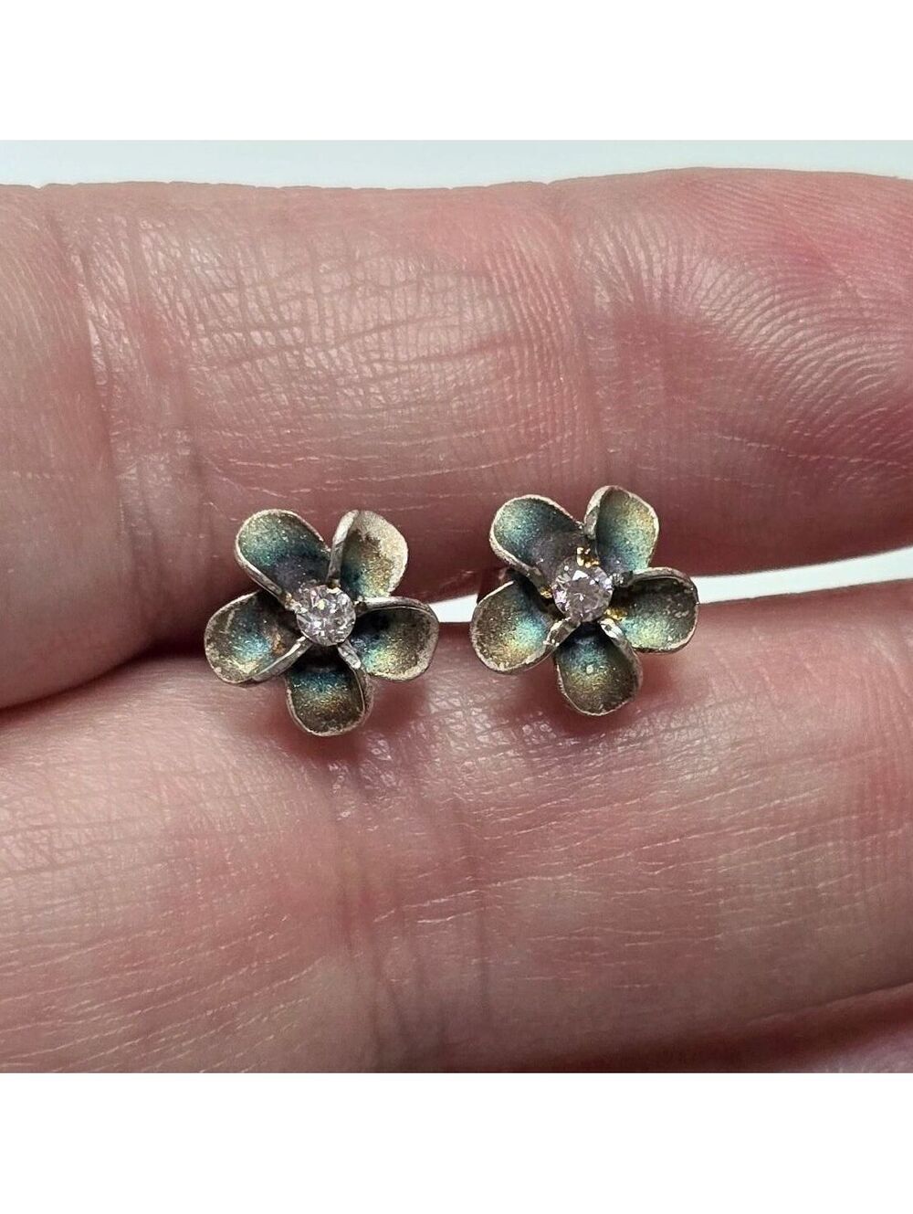 Sterling Silver 925 Green Enamel Flower Stud Earrings Pink Rhinestone Centers